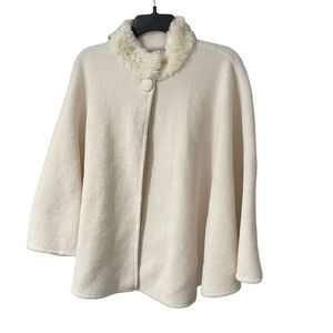 Cream fur trim single button cape jacket sweater shrug layer One size